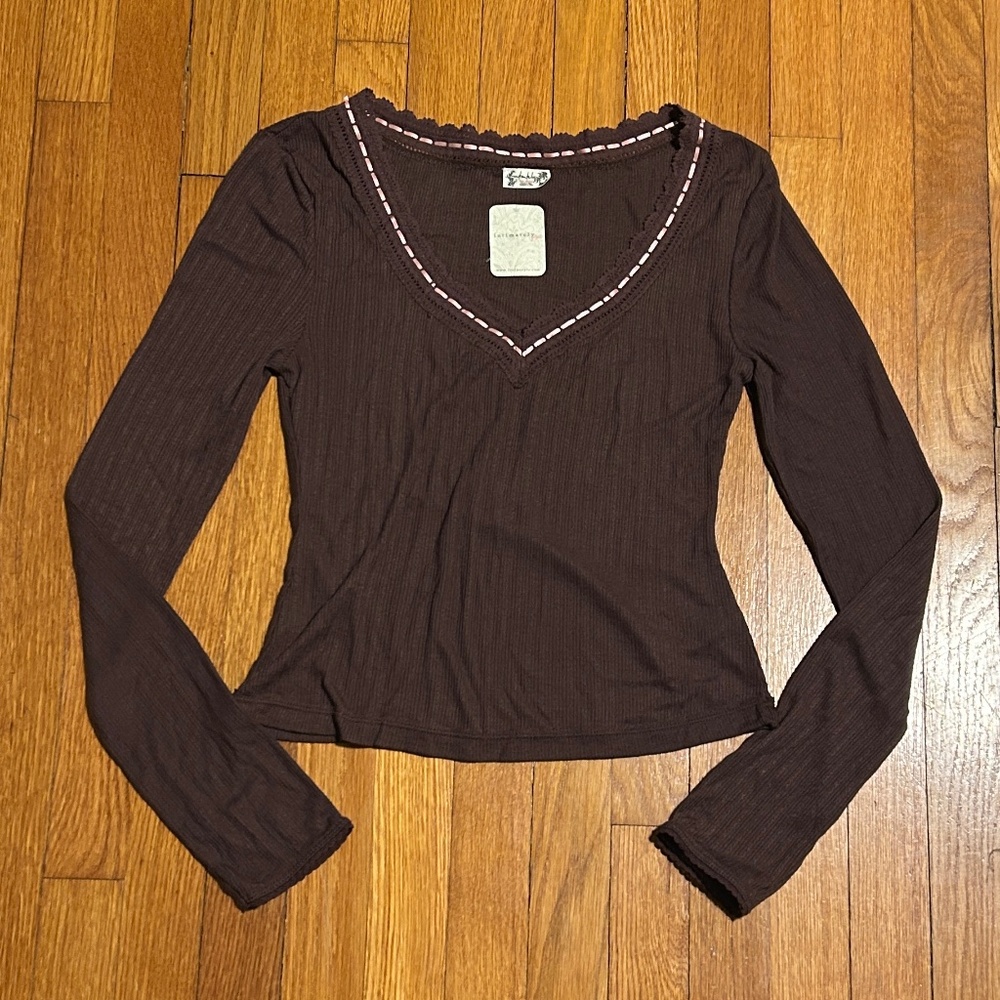 NWT Free People Intimately Chocolate V-Neck Top Womens XS